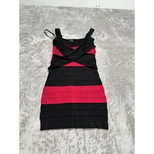 Bebe Women's Ribbed Bodycon Dress‎ Sleeveless Black & Red Striped Size Small EUC